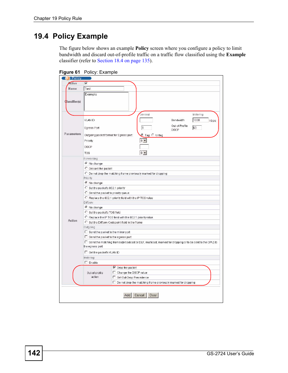 4 policy example, Figure 61 policy: example | ZyXEL Communications GS-2724 User Manual | Page 142 / 348