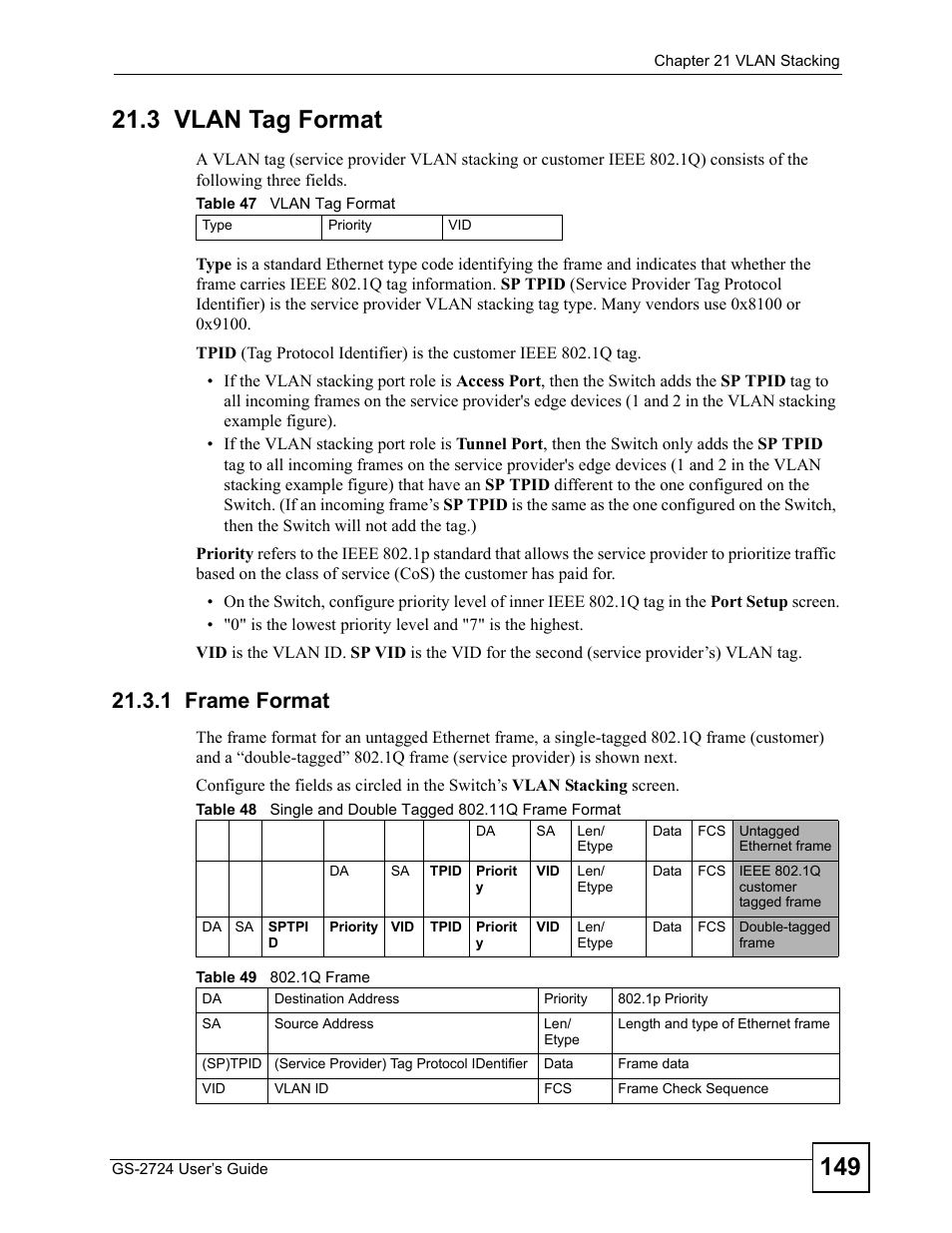 3 vlan tag format, 1 frame format | ZyXEL Communications GS-2724 User Manual | Page 149 / 348