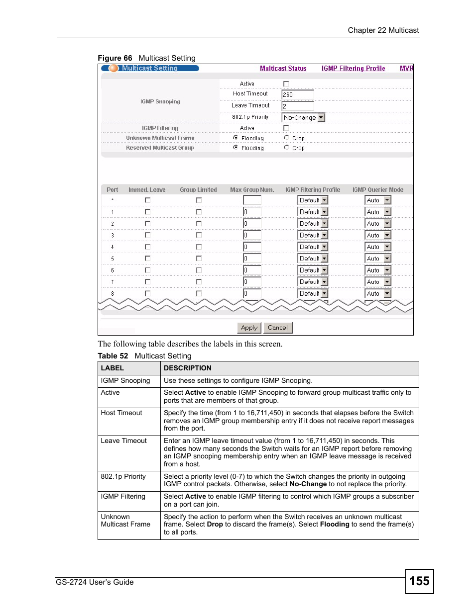 Figure 66 multicast setting, Table 52 multicast setting | ZyXEL Communications GS-2724 User Manual | Page 155 / 348