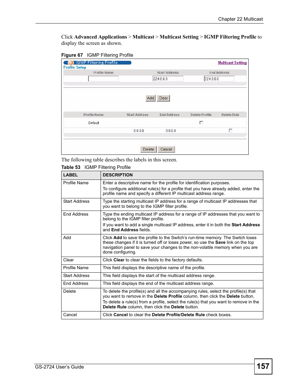 Figure 67 igmp filtering profile, Table 53 igmp filtering profile | ZyXEL Communications GS-2724 User Manual | Page 157 / 348