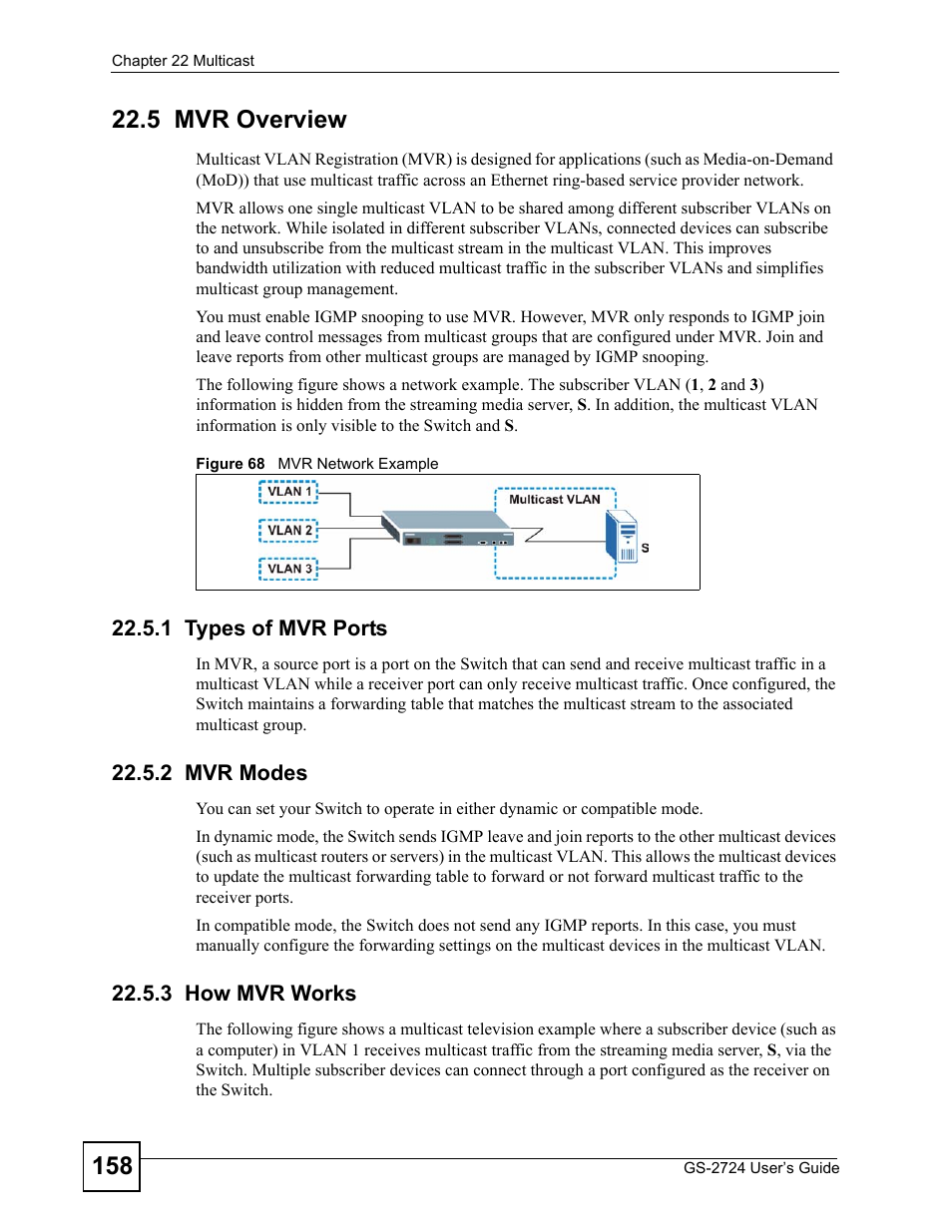 5 mvr overview, 1 types of mvr ports, 2 mvr modes | 3 how mvr works, Figure 68 mvr network example | ZyXEL Communications GS-2724 User Manual | Page 158 / 348