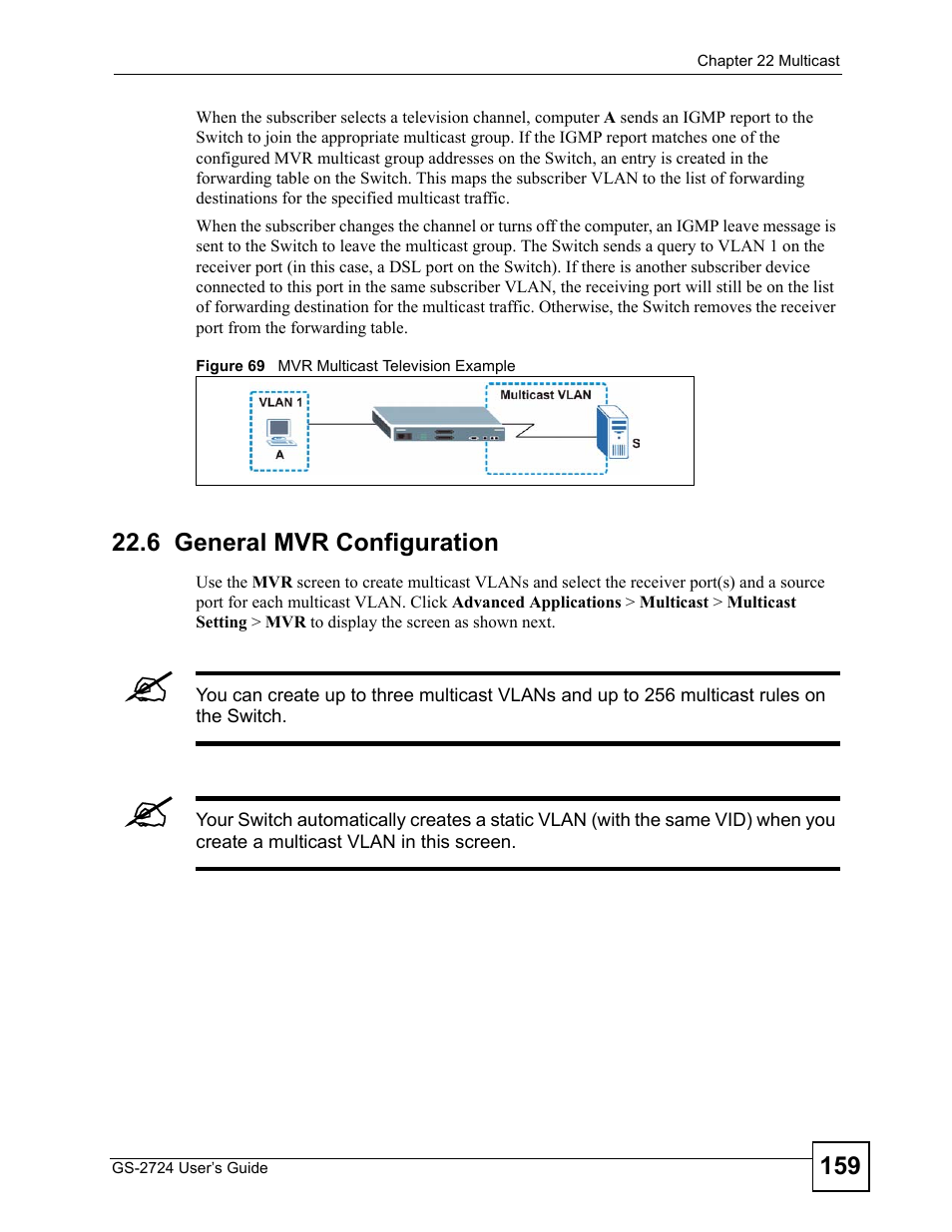 6 general mvr configuration, Figure 69 mvr multicast television example | ZyXEL Communications GS-2724 User Manual | Page 159 / 348