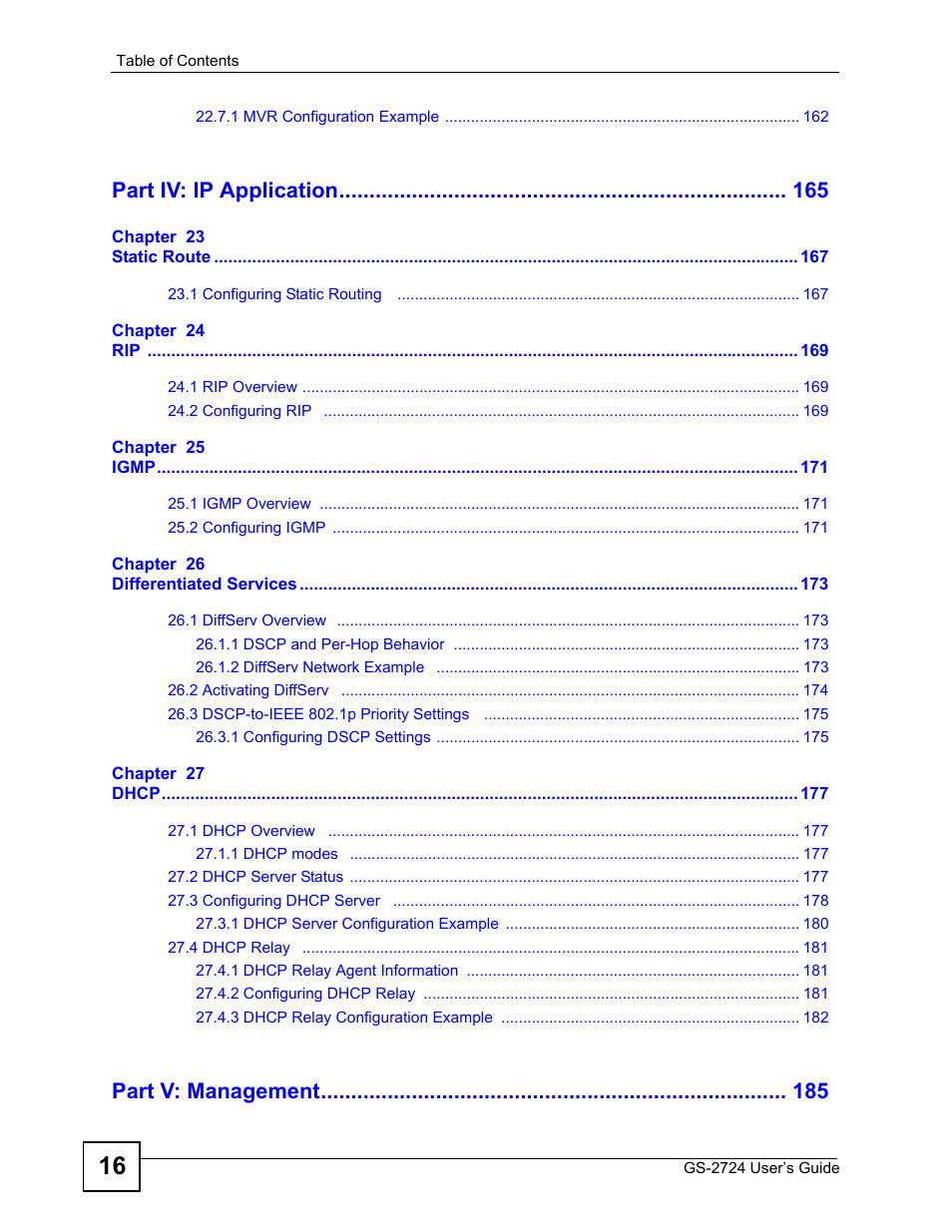 Part iv: ip application, Part v: management | ZyXEL Communications GS-2724 User Manual | Page 16 / 348