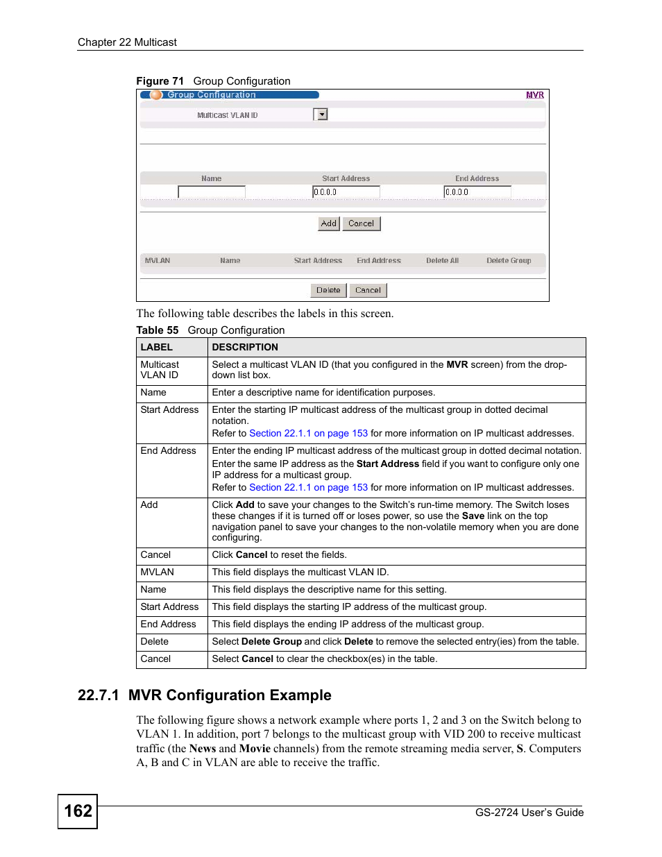 1 mvr configuration example, Figure 71 group configuration, Table 55 group configuration | ZyXEL Communications GS-2724 User Manual | Page 162 / 348