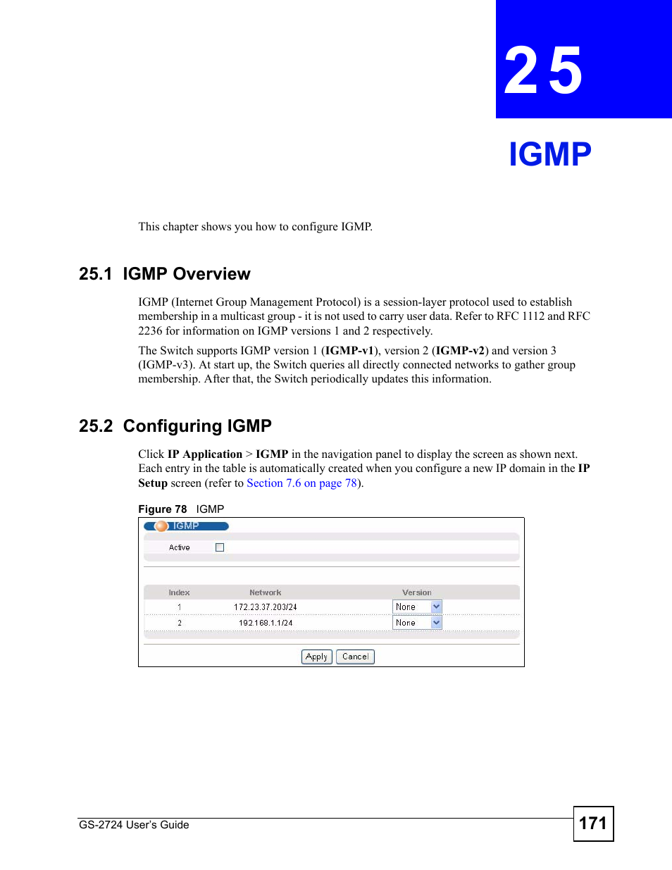 Igmp, 1 igmp overview, 2 configuring igmp | Chapter 25 igmp, 1 igmp overview 25.2 configuring igmp, Figure 78 igmp, Igmp (171) | ZyXEL Communications GS-2724 User Manual | Page 171 / 348