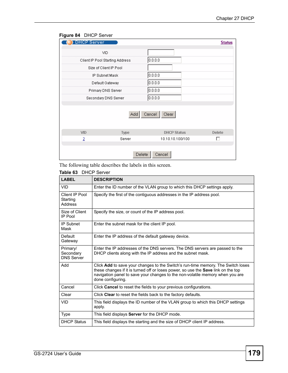 Figure 84 dhcp server, Table 63 dhcp server | ZyXEL Communications GS-2724 User Manual | Page 179 / 348