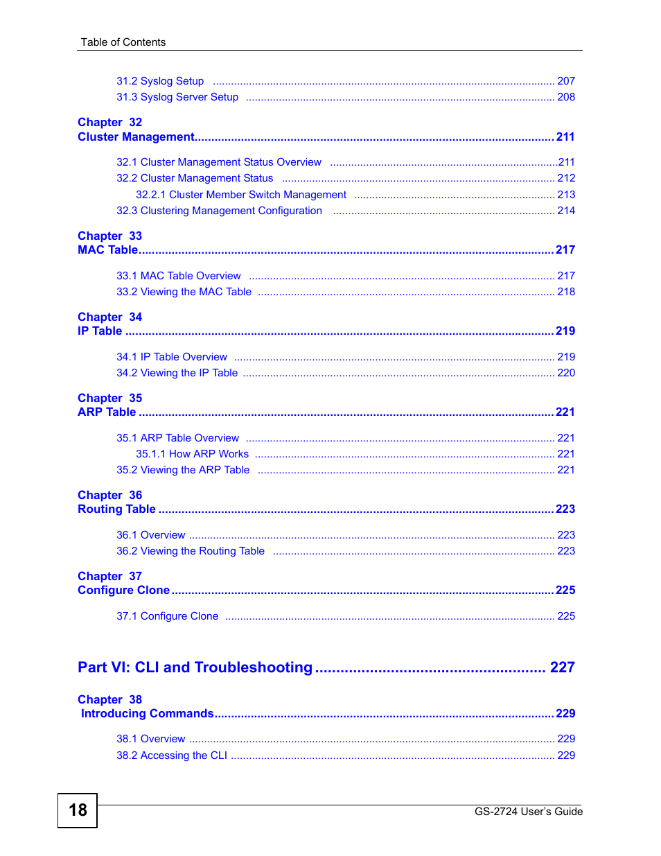 Part vi: cli and troubleshooting | ZyXEL Communications GS-2724 User Manual | Page 18 / 348