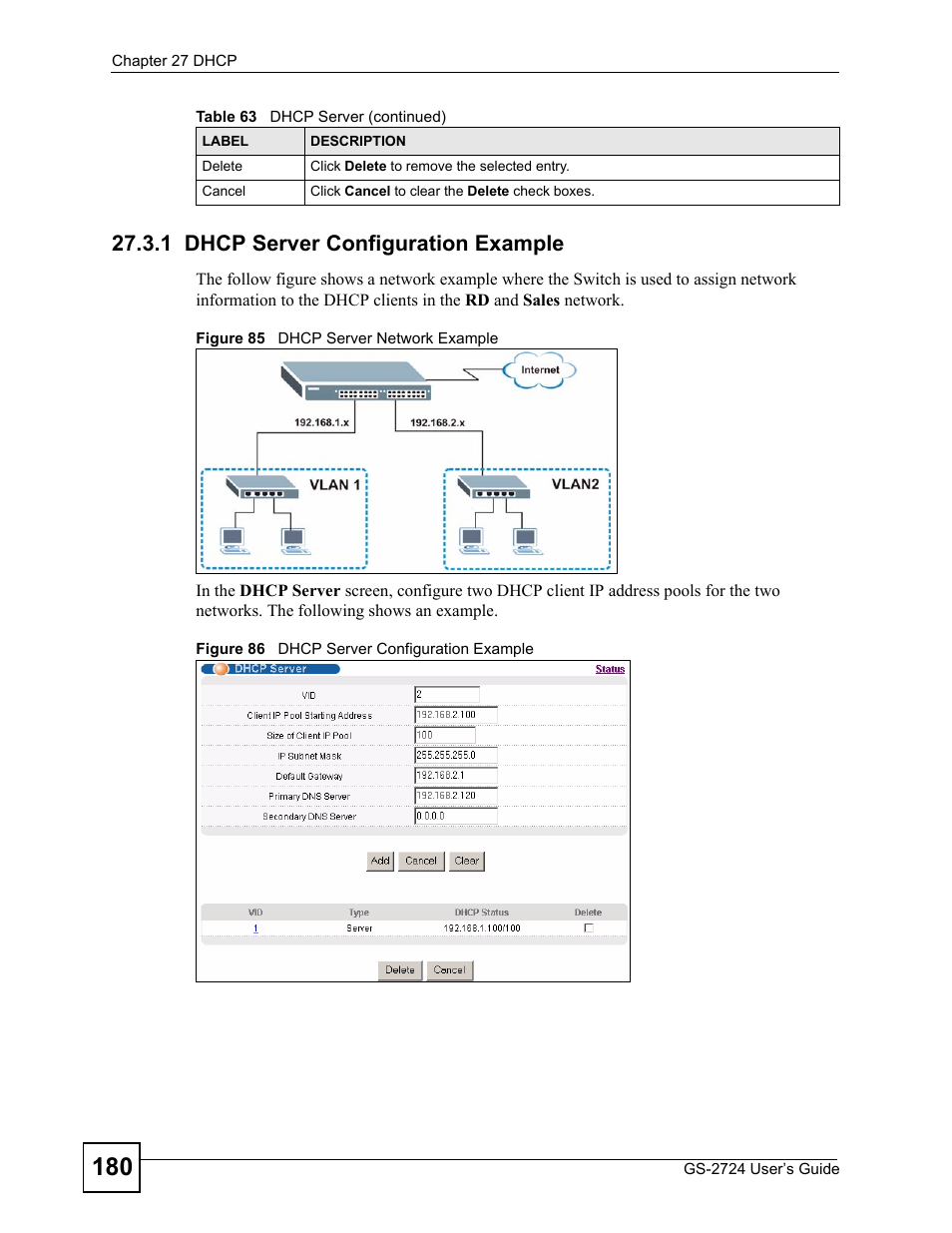 1 dhcp server configuration example | ZyXEL Communications GS-2724 User Manual | Page 180 / 348