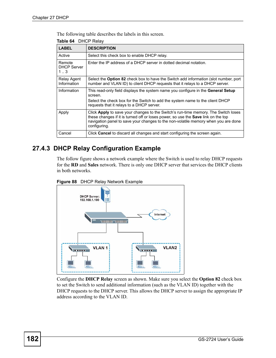 3 dhcp relay configuration example, Figure 88 dhcp relay network example, Table 64 dhcp relay | ZyXEL Communications GS-2724 User Manual | Page 182 / 348