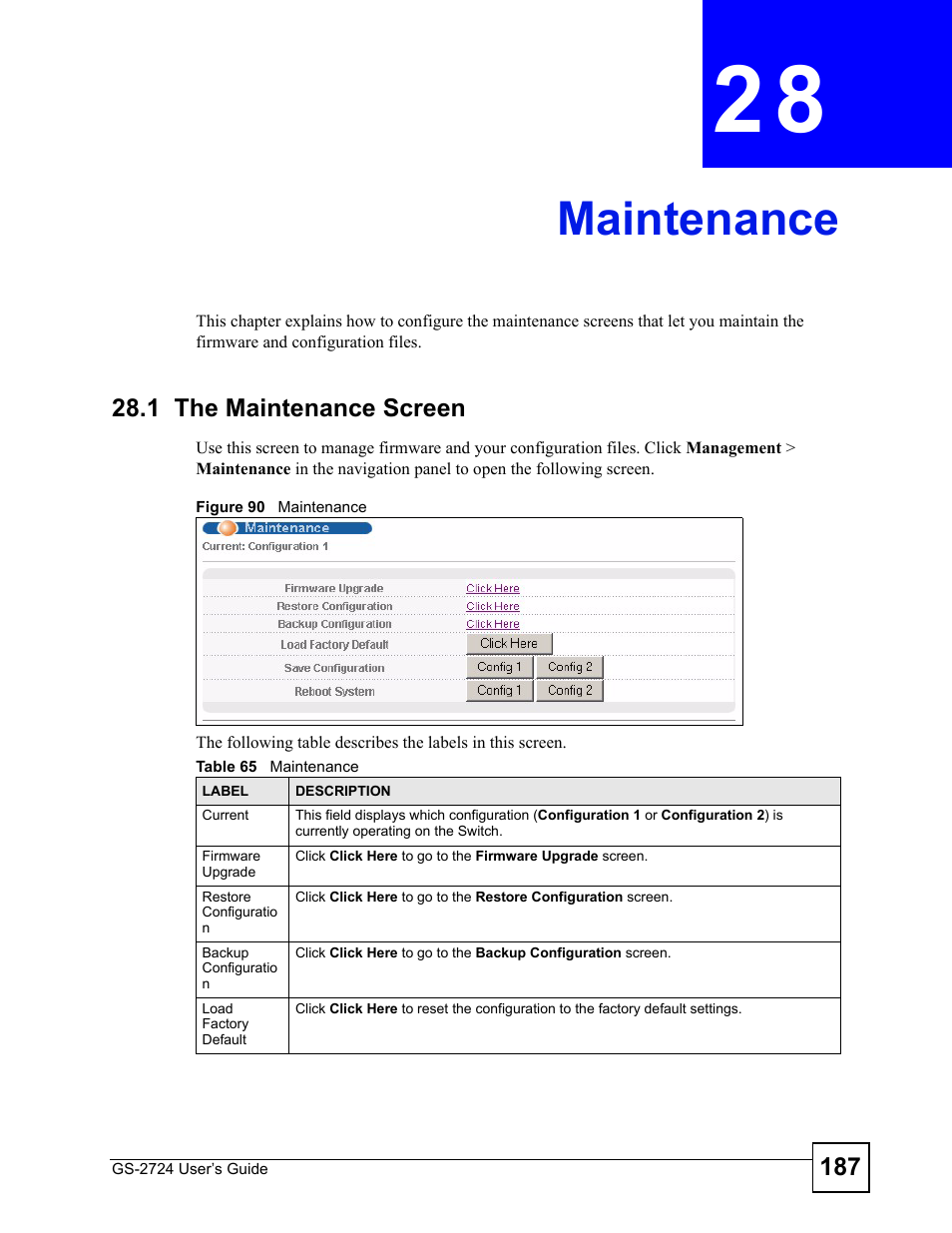 Maintenance, 1 the maintenance screen, Chapter 28 maintenance | Figure 90 maintenance, Table 65 maintenance, Maintenance (187) | ZyXEL Communications GS-2724 User Manual | Page 187 / 348