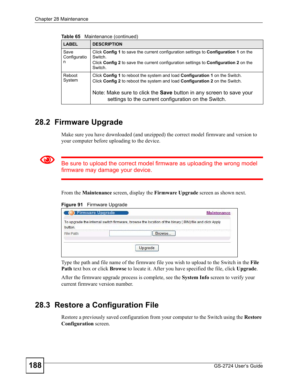 2 firmware upgrade, 3 restore a configuration file, Figure 91 firmware upgrade | ZyXEL Communications GS-2724 User Manual | Page 188 / 348