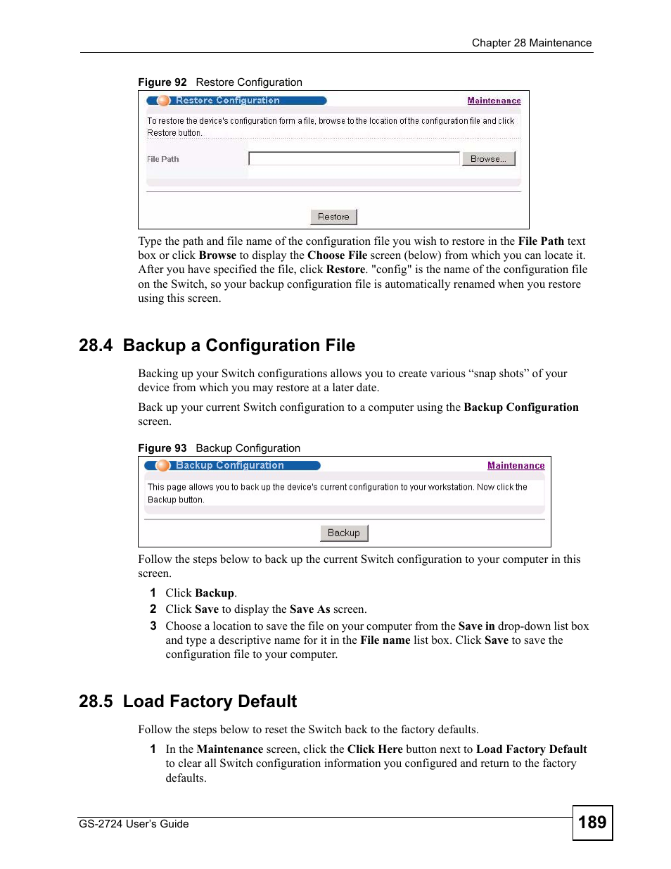 4 backup a configuration file, 5 load factory default | ZyXEL Communications GS-2724 User Manual | Page 189 / 348