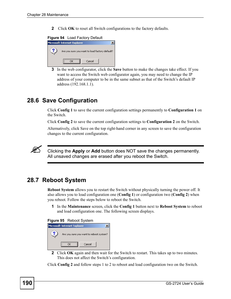 6 save configuration, 7 reboot system, 6 save configuration 28.7 reboot system | ZyXEL Communications GS-2724 User Manual | Page 190 / 348