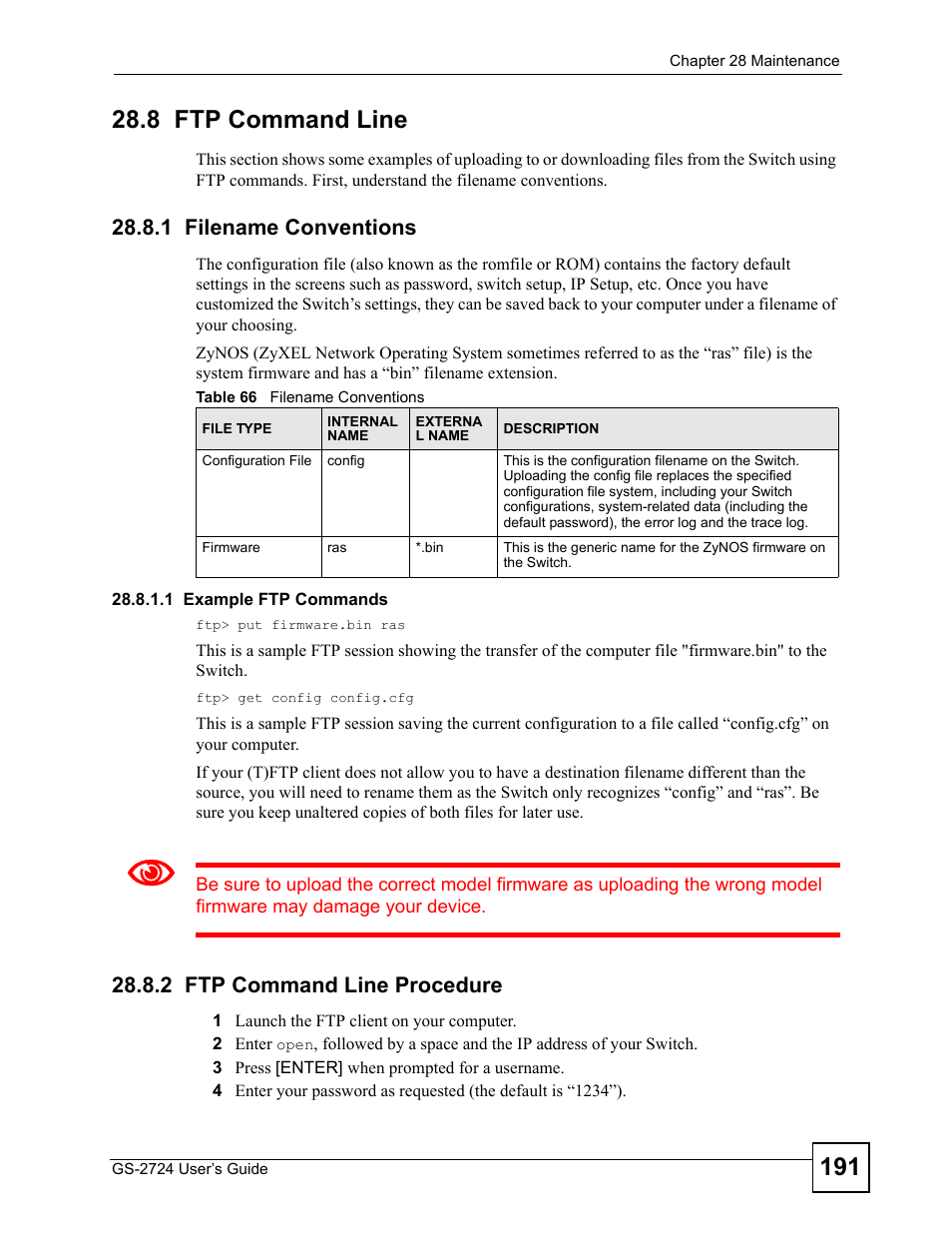 8 ftp command line, 1 filename conventions, 2 ftp command line procedure | Table 66 filename conventions | ZyXEL Communications GS-2724 User Manual | Page 191 / 348