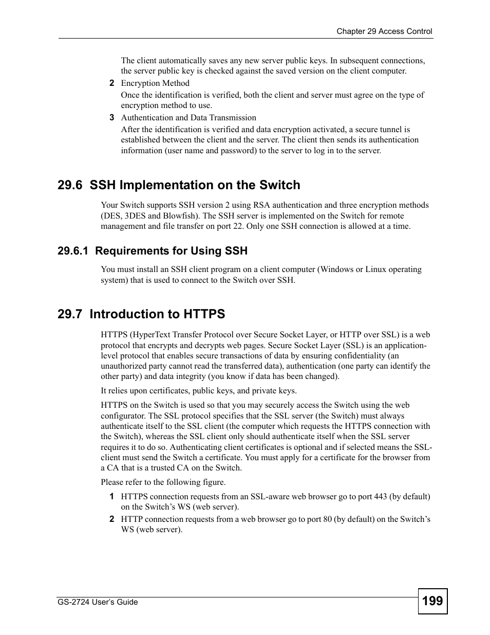 6 ssh implementation on the switch, 1 requirements for using ssh, 7 introduction to https | ZyXEL Communications GS-2724 User Manual | Page 199 / 348