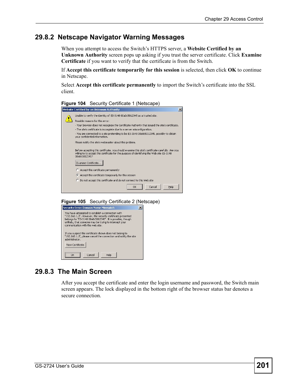 2 netscape navigator warning messages, 3 the main screen | ZyXEL Communications GS-2724 User Manual | Page 201 / 348