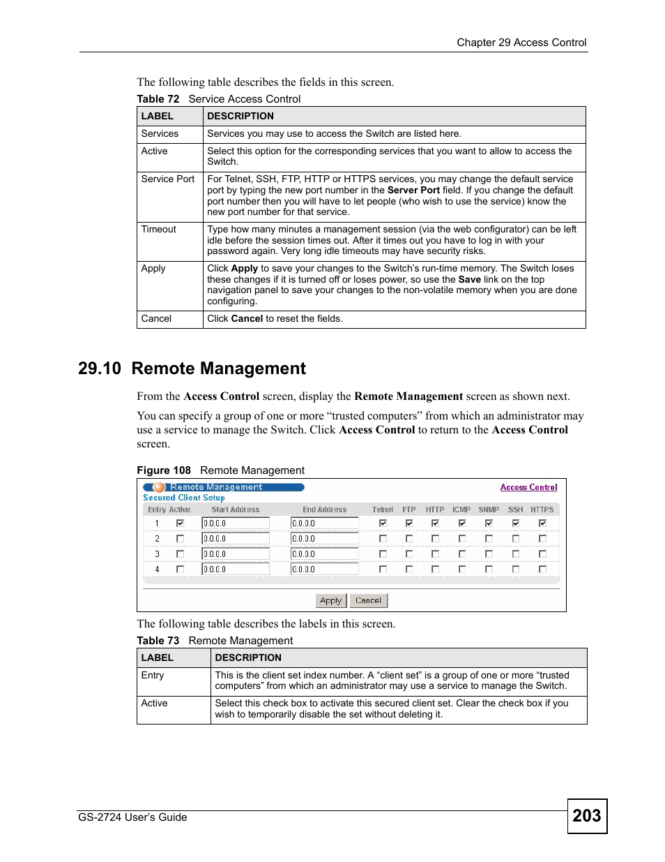 10 remote management, Figure 108 remote management | ZyXEL Communications GS-2724 User Manual | Page 203 / 348