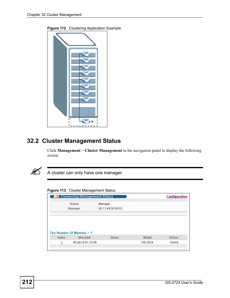 2 cluster management status | ZyXEL Communications GS-2724 User Manual | Page 212 / 348