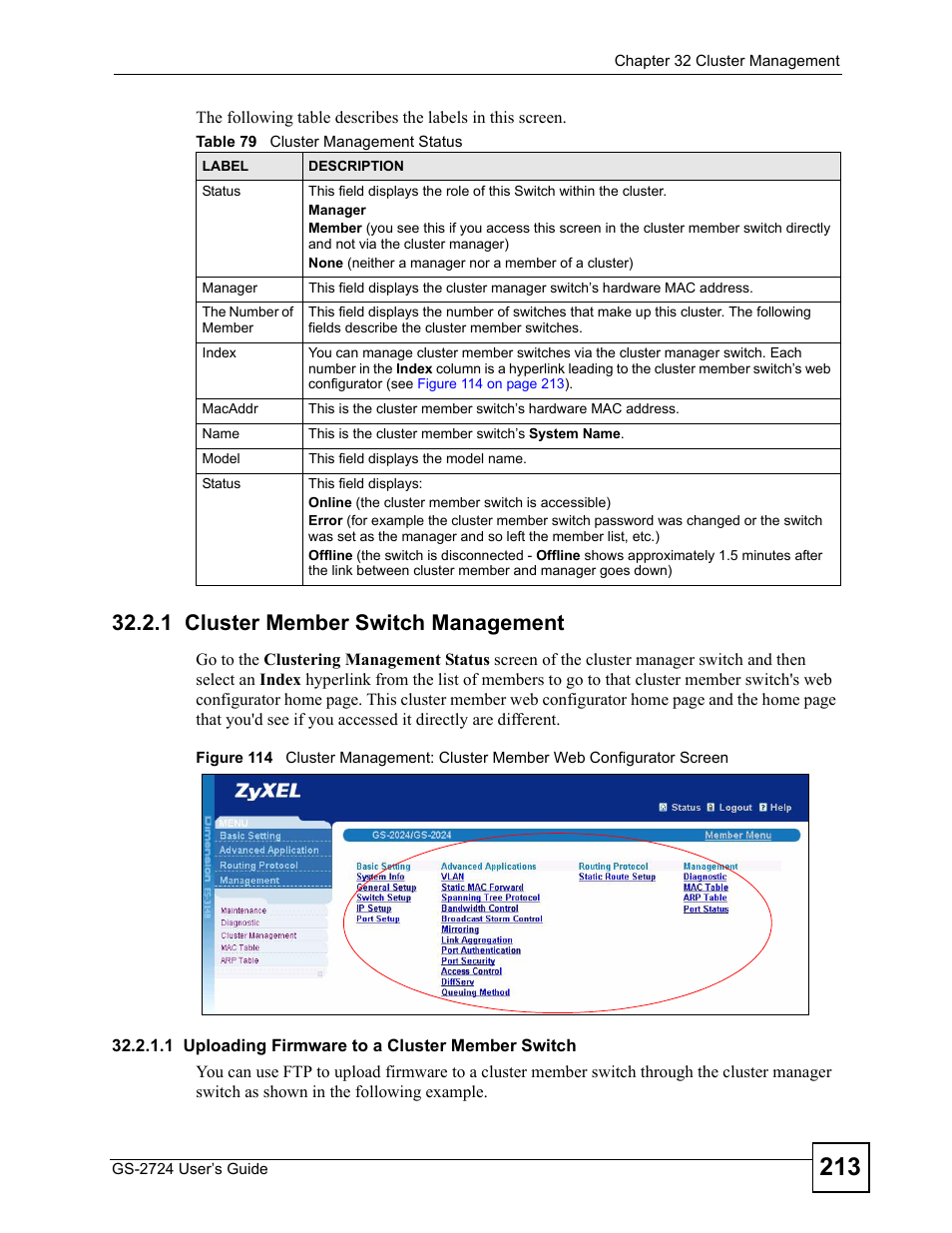 1 cluster member switch management, Table 79 cluster management status | ZyXEL Communications GS-2724 User Manual | Page 213 / 348