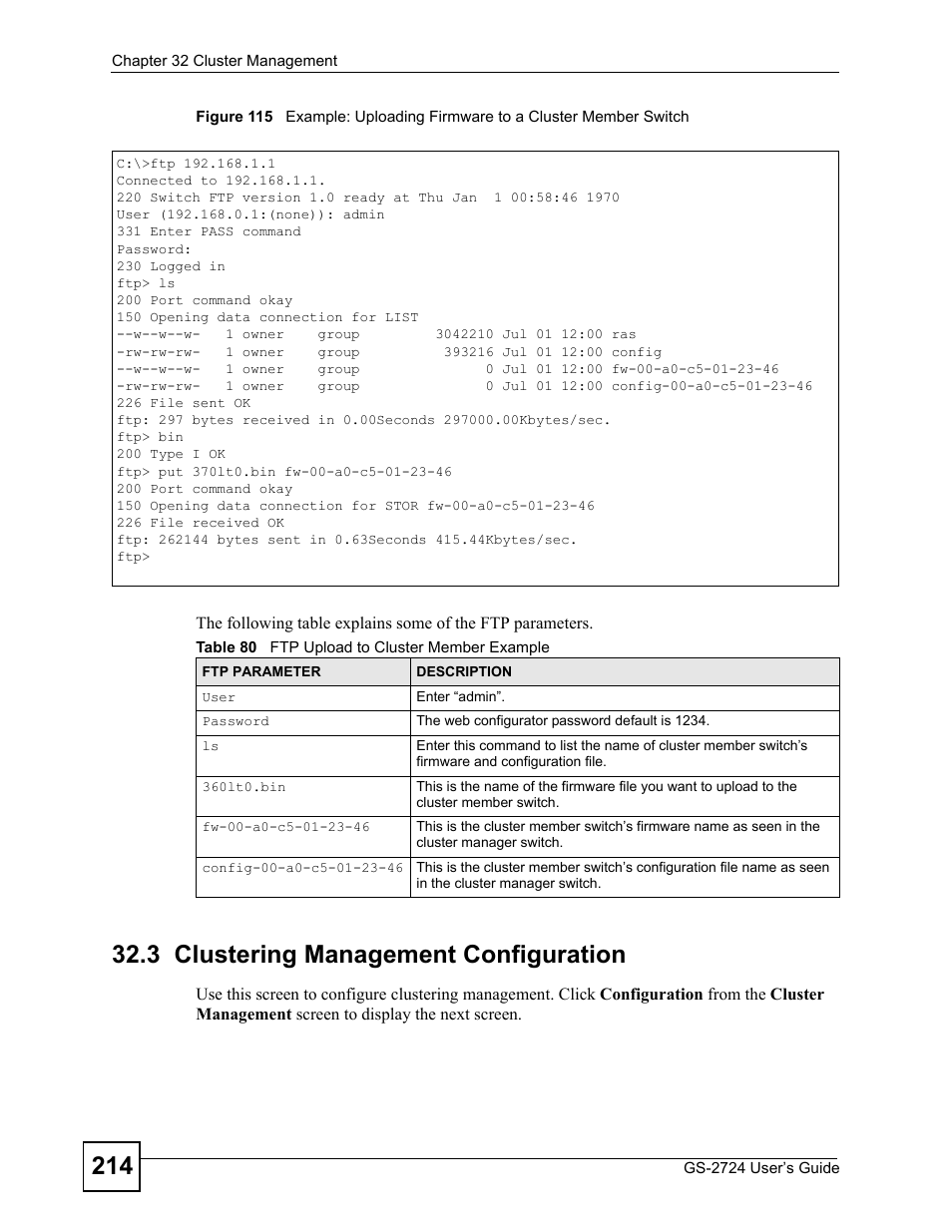 3 clustering management configuration, Table 80 ftp upload to cluster member example | ZyXEL Communications GS-2724 User Manual | Page 214 / 348