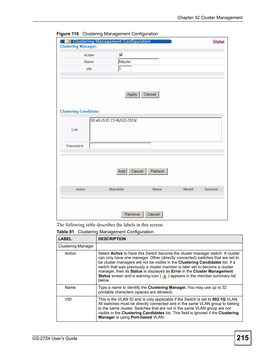 Figure 116 clustering management configuration, Table 81 clustering management configuration | ZyXEL Communications GS-2724 User Manual | Page 215 / 348