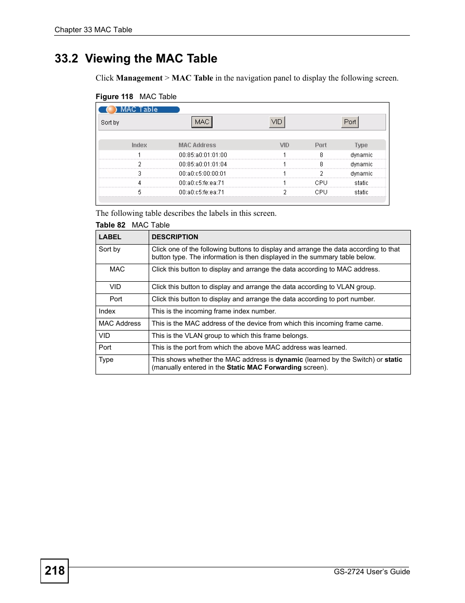 2 viewing the mac table, Figure 118 mac table, Table 82 mac table | ZyXEL Communications GS-2724 User Manual | Page 218 / 348