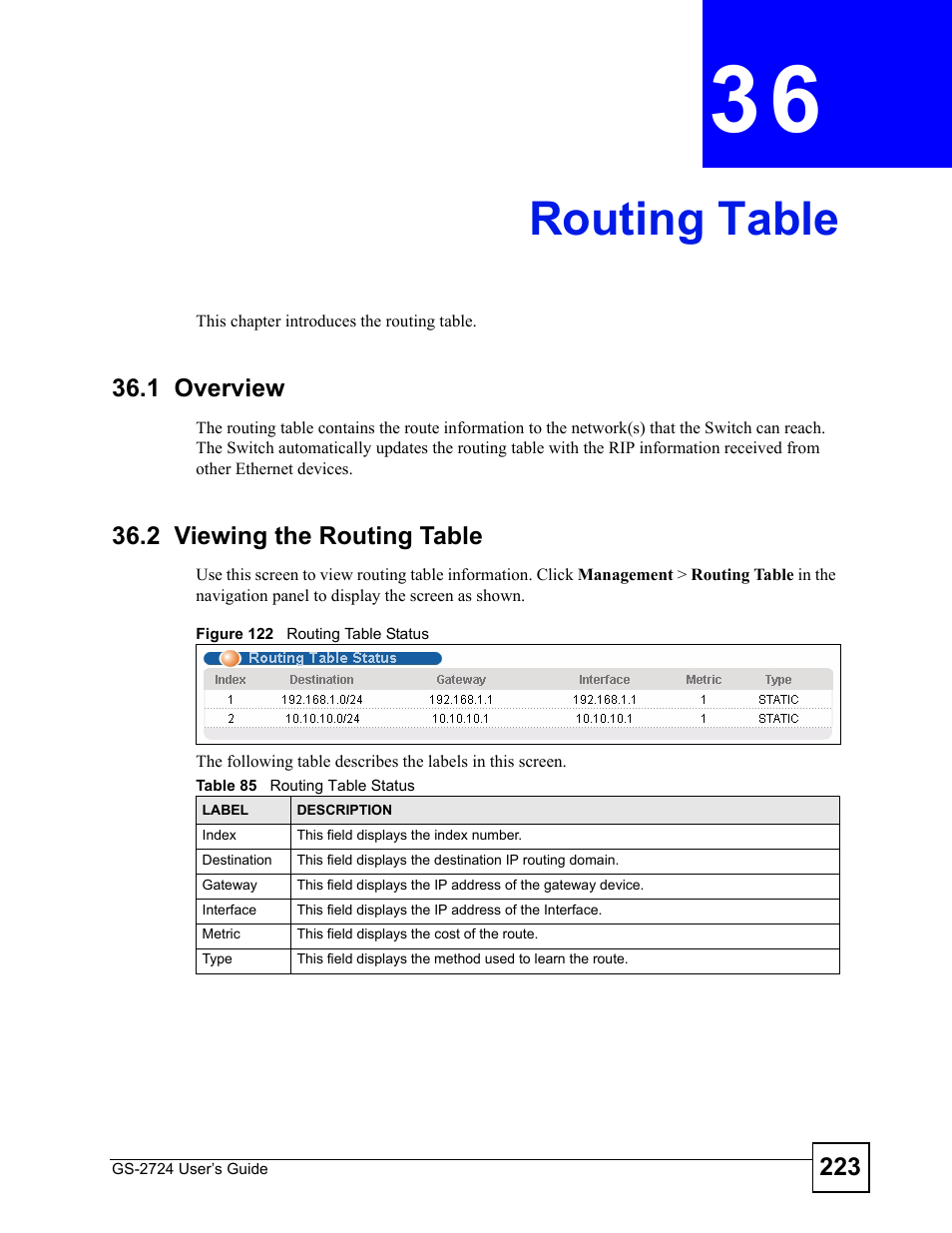 Routing table, 1 overview, 2 viewing the routing table | Chapter 36 routing table, 1 overview 36.2 viewing the routing table, Figure 122 routing table status, Table 85 routing table status, Routing table (223) | ZyXEL Communications GS-2724 User Manual | Page 223 / 348