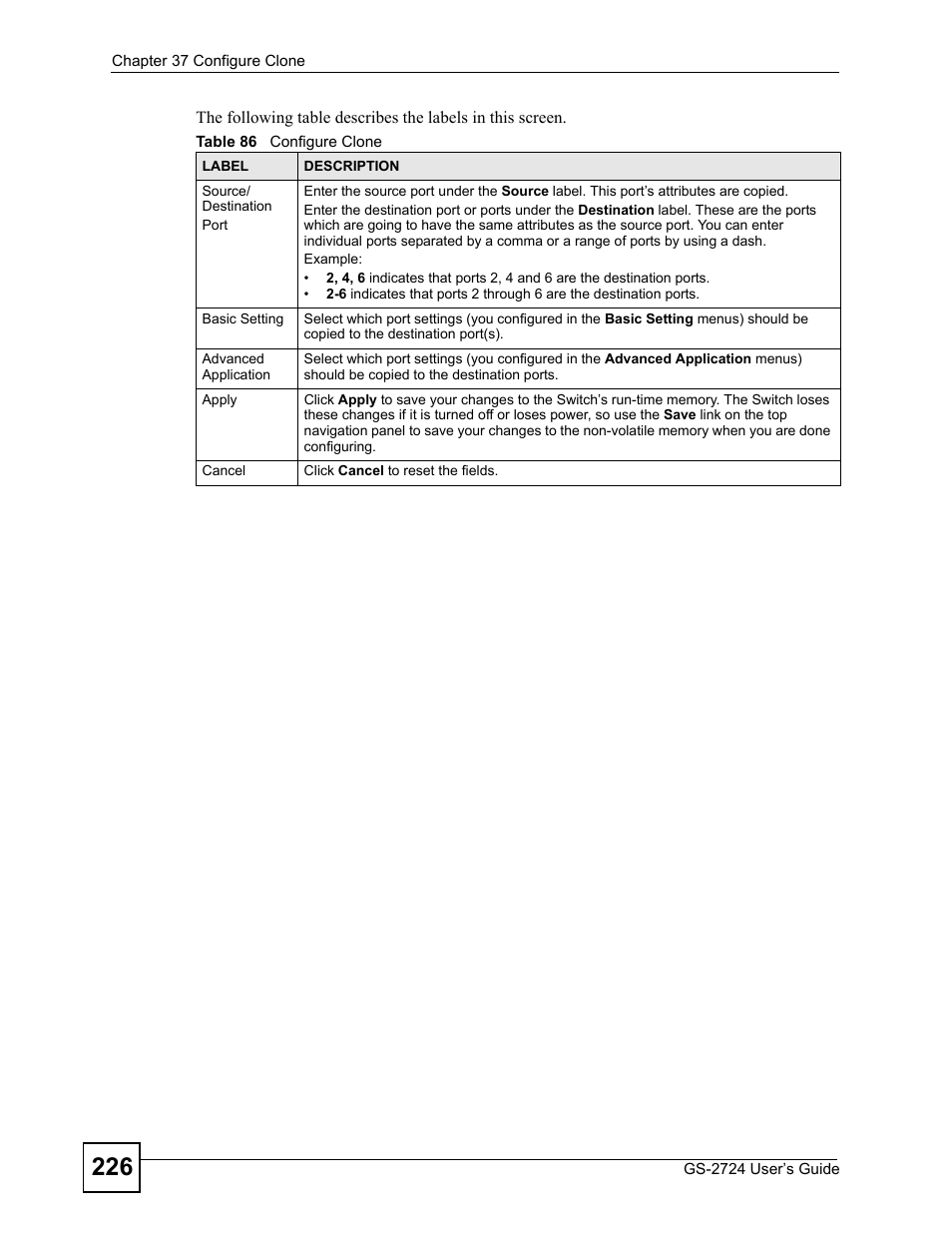 Table 86 configure clone | ZyXEL Communications GS-2724 User Manual | Page 226 / 348