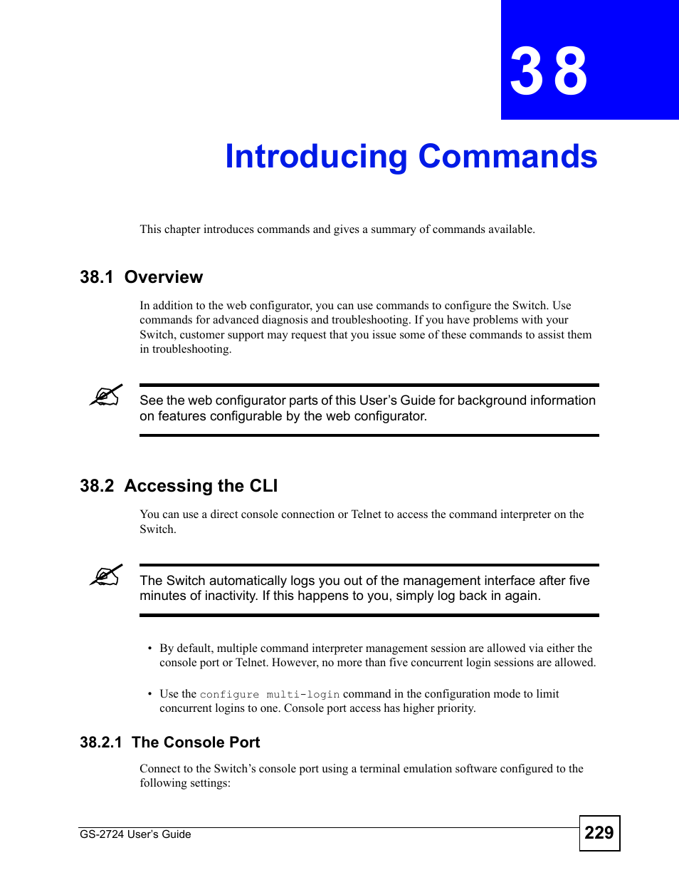 Introducing commands, 1 overview, 2 accessing the cli | 1 the console port, Chapter 38 introducing commands, 1 overview 38.2 accessing the cli, Introducing commands (229) | ZyXEL Communications GS-2724 User Manual | Page 229 / 348