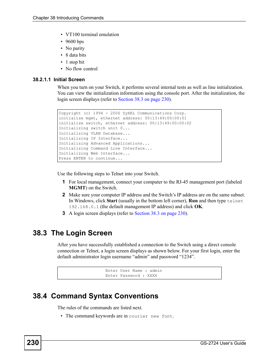 3 the login screen, 4 command syntax conventions, 3 the login screen 38.4 command syntax conventions | ZyXEL Communications GS-2724 User Manual | Page 230 / 348