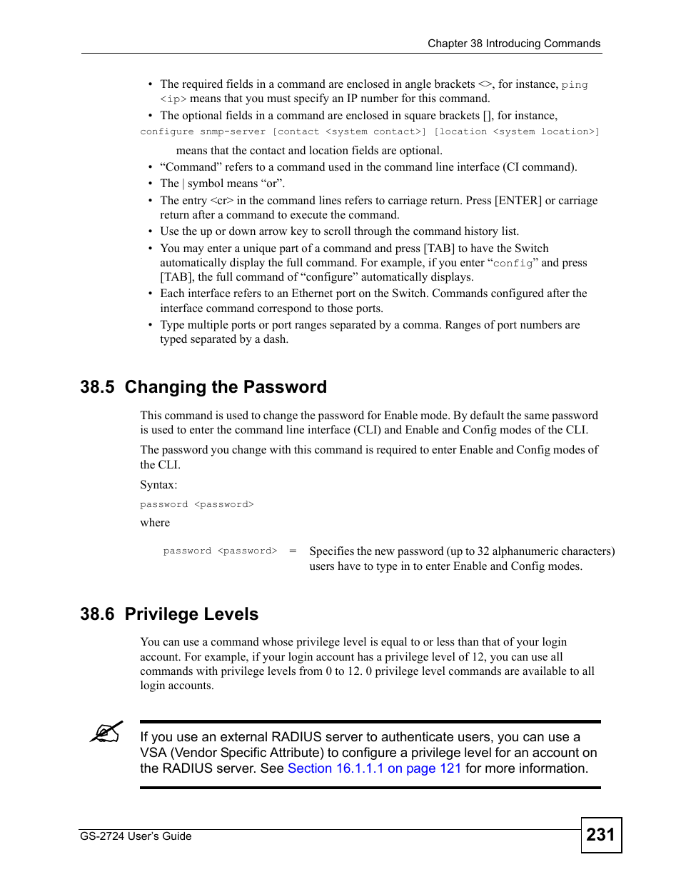 5 changing the password, 6 privilege levels, 5 changing the password 38.6 privilege levels | ZyXEL Communications GS-2724 User Manual | Page 231 / 348