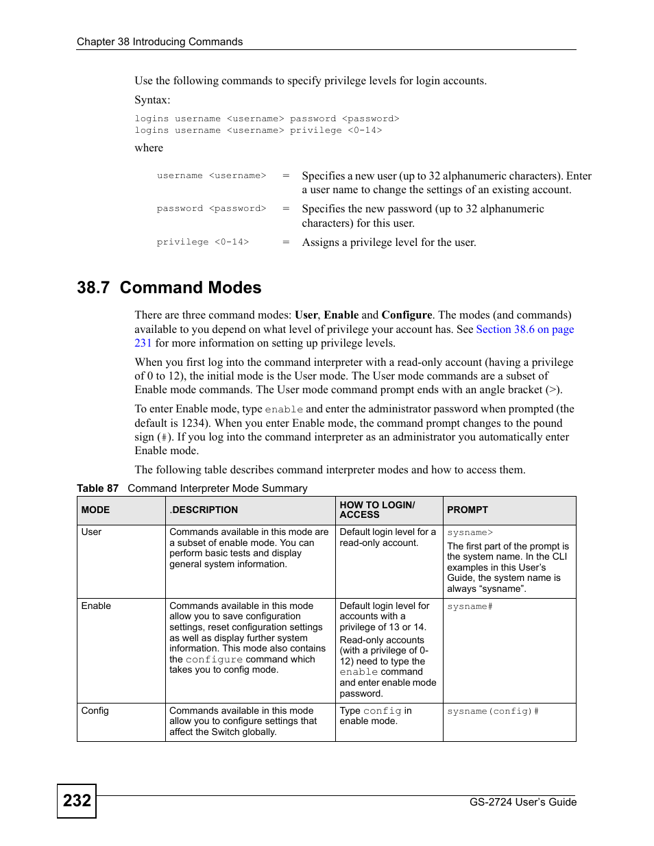 7 command modes, Table 87 command interpreter mode summary | ZyXEL Communications GS-2724 User Manual | Page 232 / 348