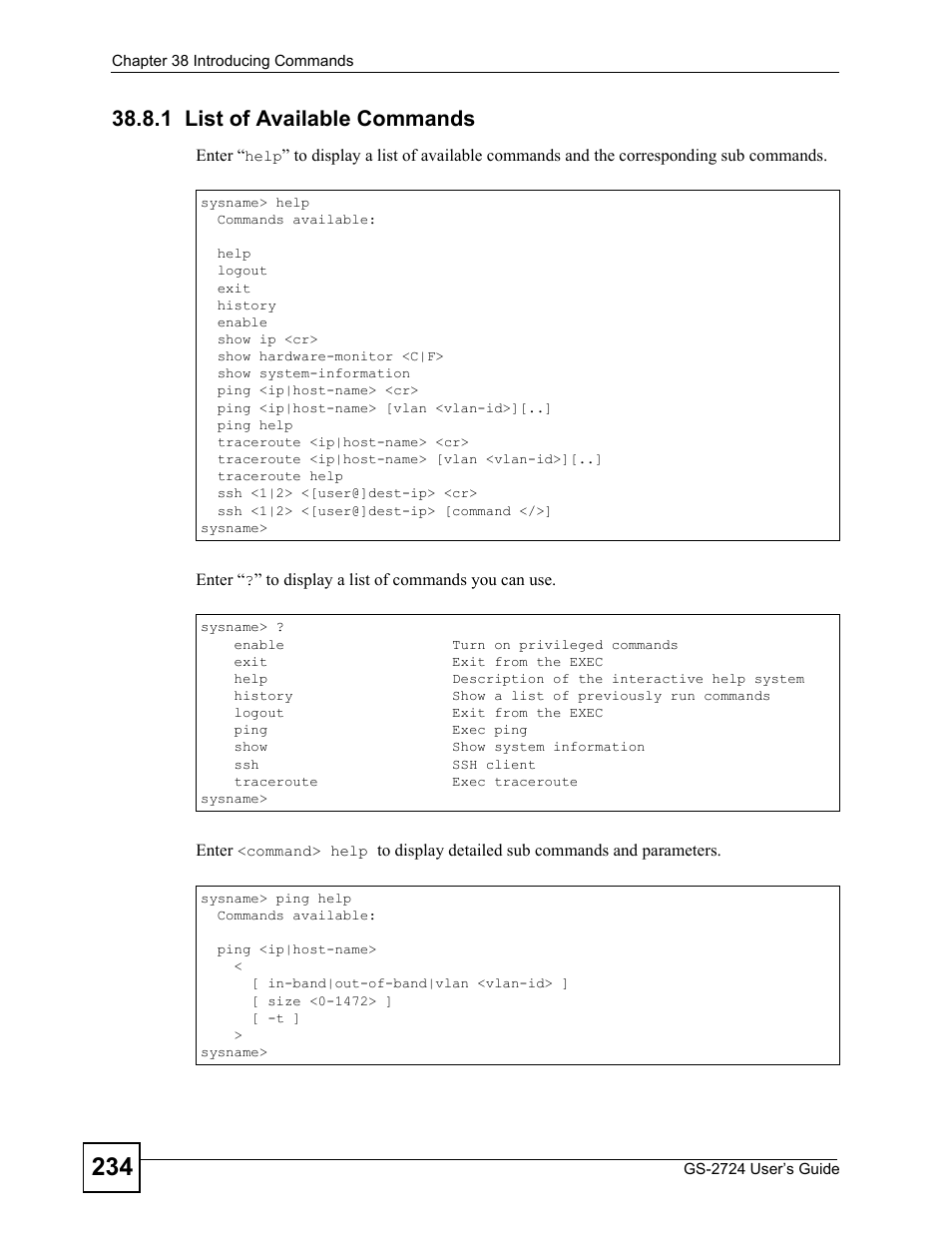 1 list of available commands | ZyXEL Communications GS-2724 User Manual | Page 234 / 348