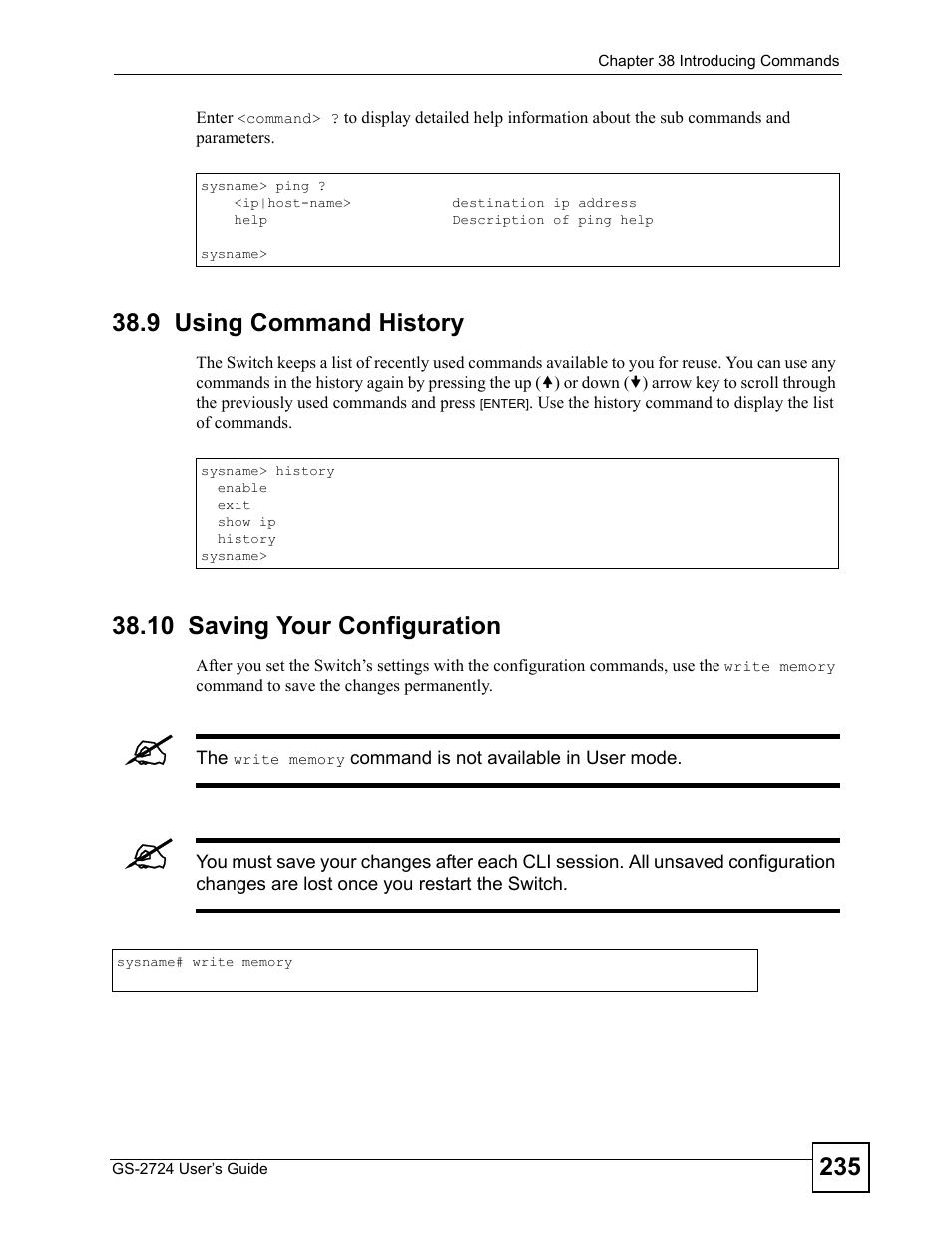 9 using command history, 10 saving your configuration | ZyXEL Communications GS-2724 User Manual | Page 235 / 348