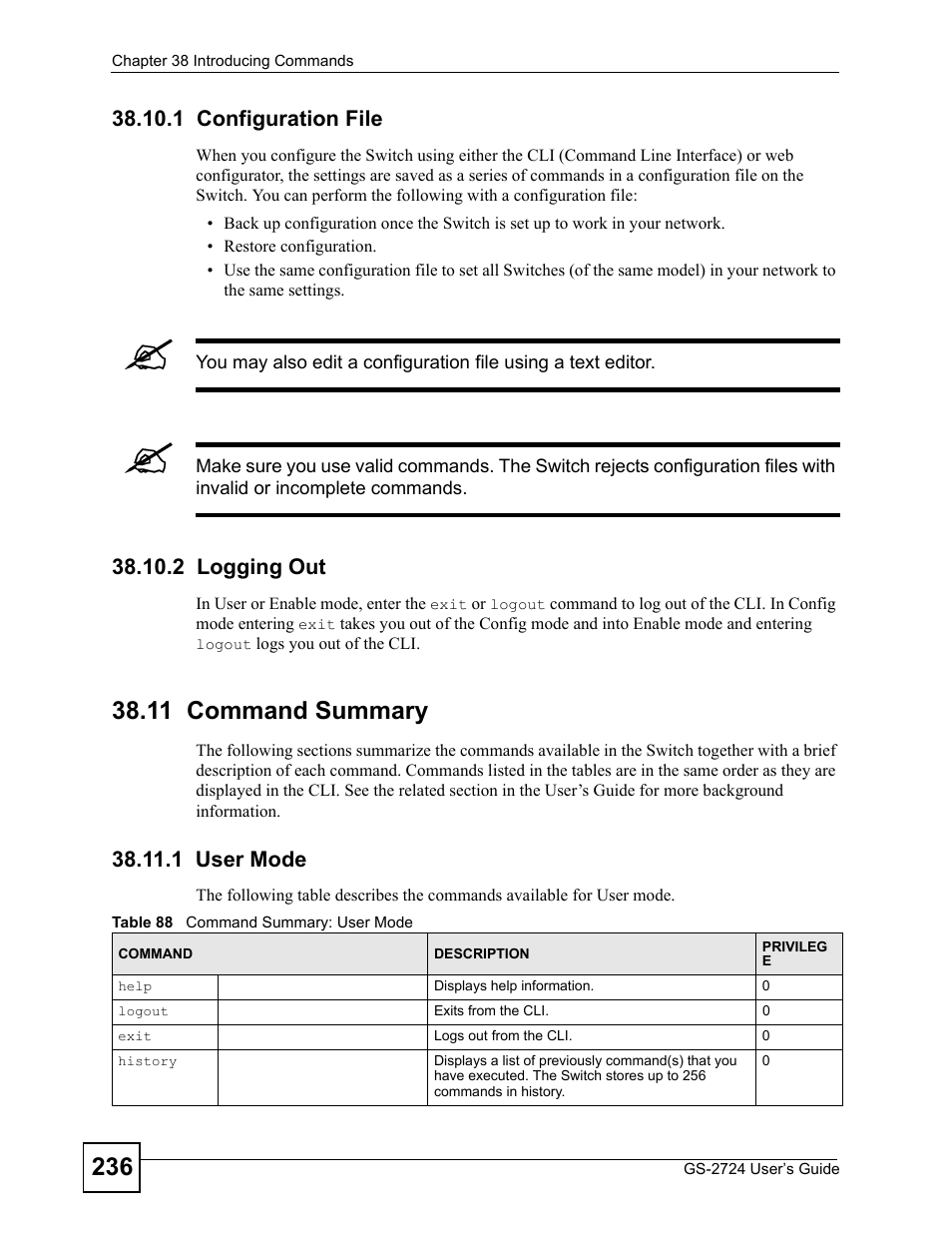 1 configuration file, 2 logging out, 11 command summary | 1 user mode, 1 configuration file 38.10.2 logging out, Table 88 command summary: user mode | ZyXEL Communications GS-2724 User Manual | Page 236 / 348