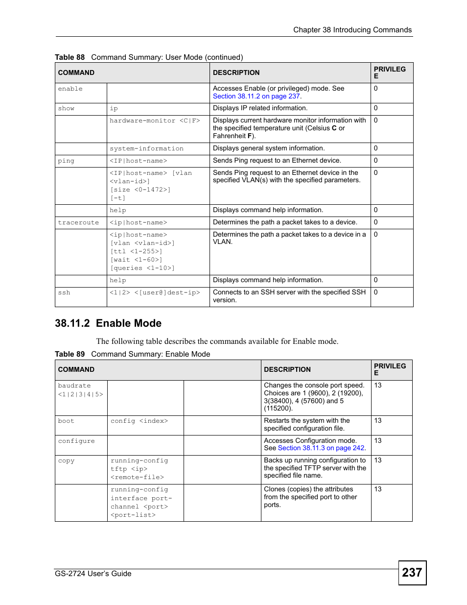 2 enable mode, Table 89 command summary: enable mode | ZyXEL Communications GS-2724 User Manual | Page 237 / 348