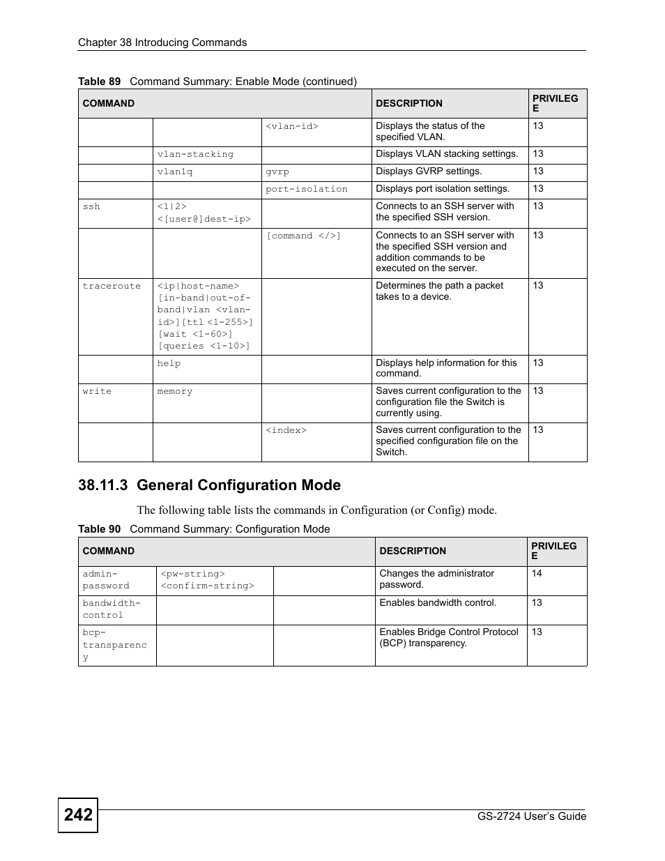 3 general configuration mode, Table 90 command summary: configuration mode | ZyXEL Communications GS-2724 User Manual | Page 242 / 348