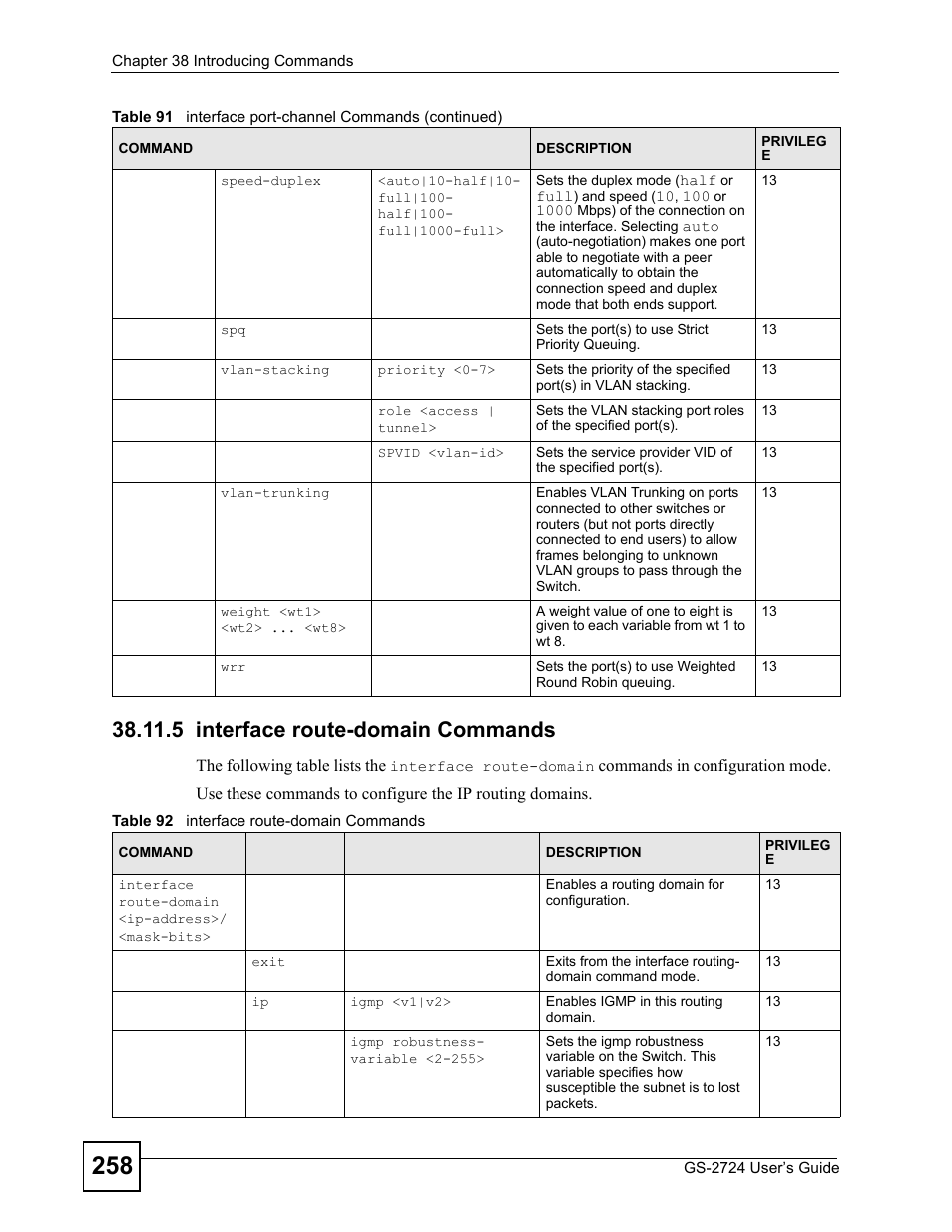 5 interface route-domain commands, Table 92 interface route-domain commands, Section | ZyXEL Communications GS-2724 User Manual | Page 258 / 348