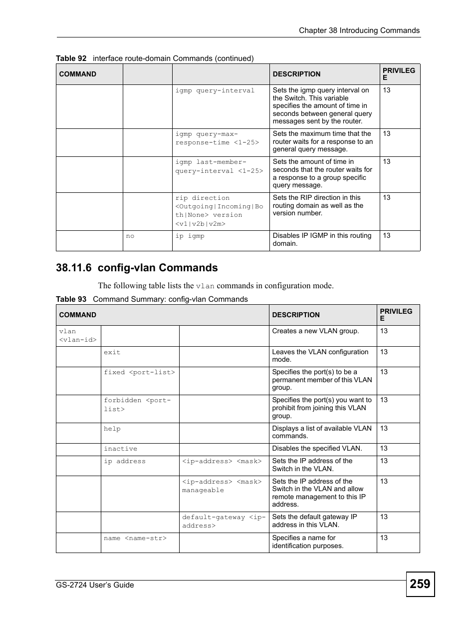 6 config-vlan commands, Table 93 command summary: config-vlan commands, Section 38.11.6 on | ZyXEL Communications GS-2724 User Manual | Page 259 / 348