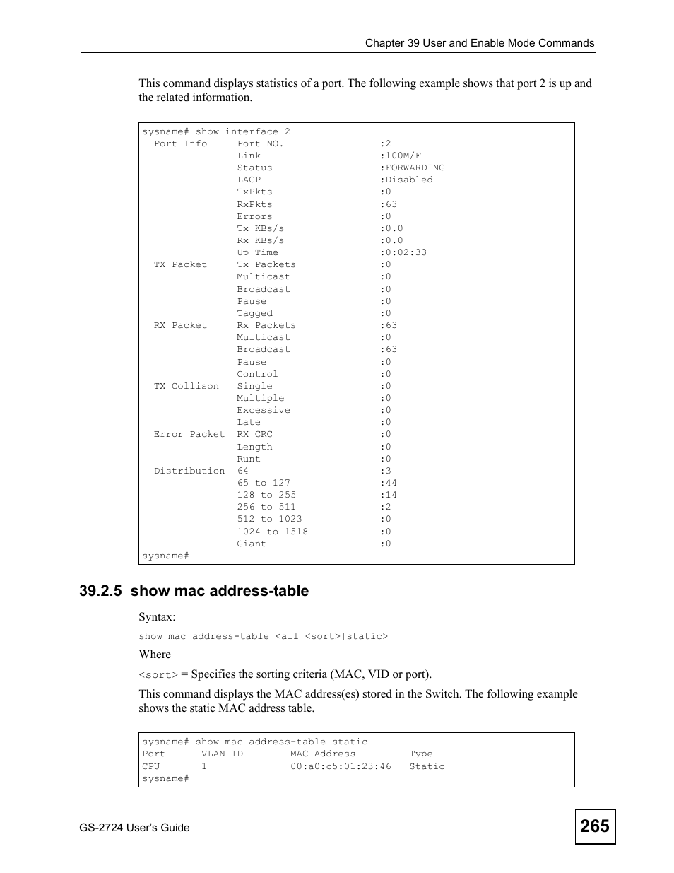 5 show mac address-table | ZyXEL Communications GS-2724 User Manual | Page 265 / 348