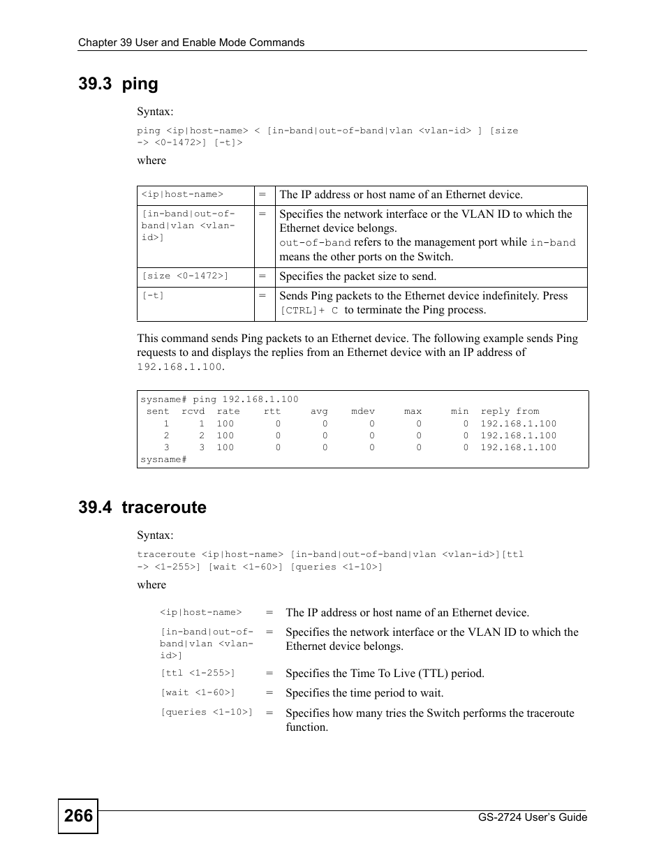 3 ping, 4 traceroute, 3 ping 39.4 traceroute | ZyXEL Communications GS-2724 User Manual | Page 266 / 348