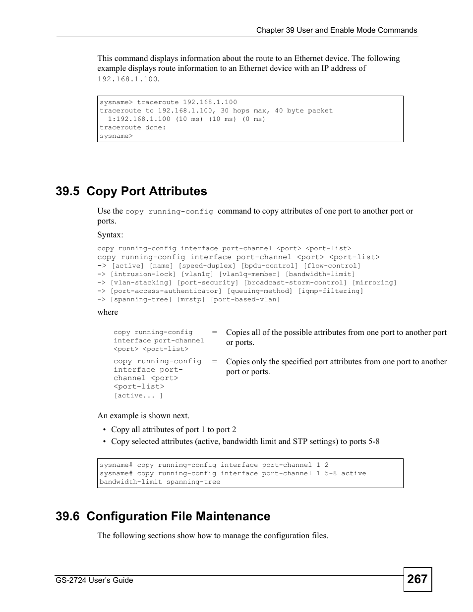 5 copy port attributes, 6 configuration file maintenance | ZyXEL Communications GS-2724 User Manual | Page 267 / 348