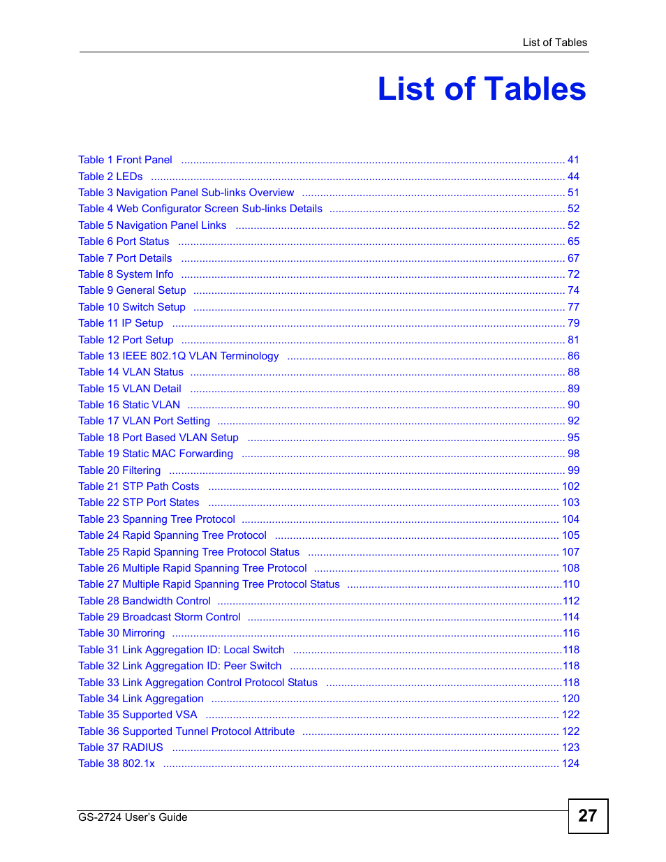 List of tables | ZyXEL Communications GS-2724 User Manual | Page 27 / 348