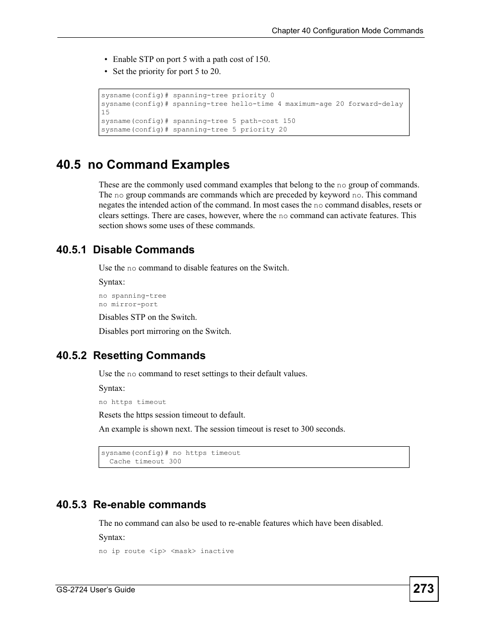 5 no command examples, 1 disable commands, 2 resetting commands | 3 re-enable commands | ZyXEL Communications GS-2724 User Manual | Page 273 / 348