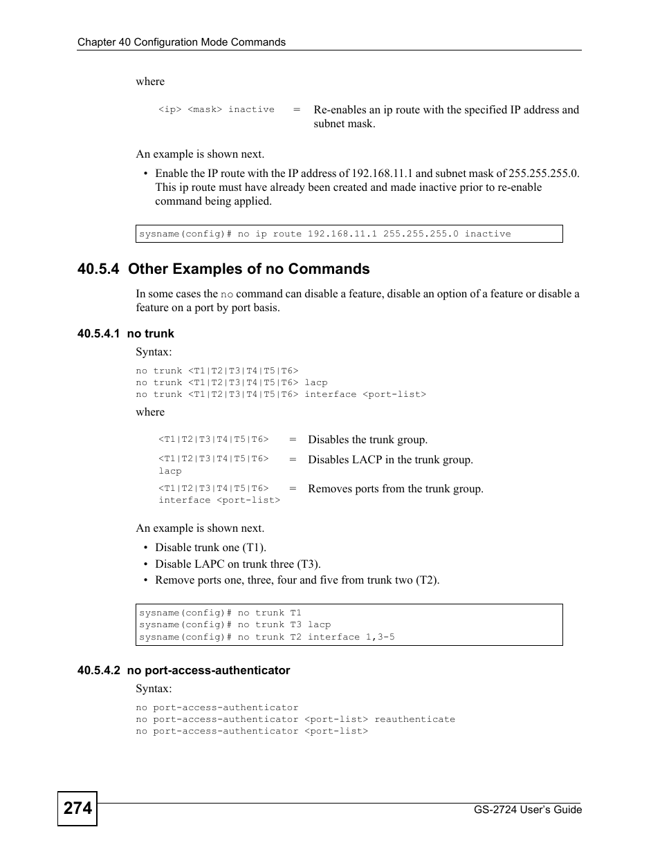 4 other examples of no commands | ZyXEL Communications GS-2724 User Manual | Page 274 / 348