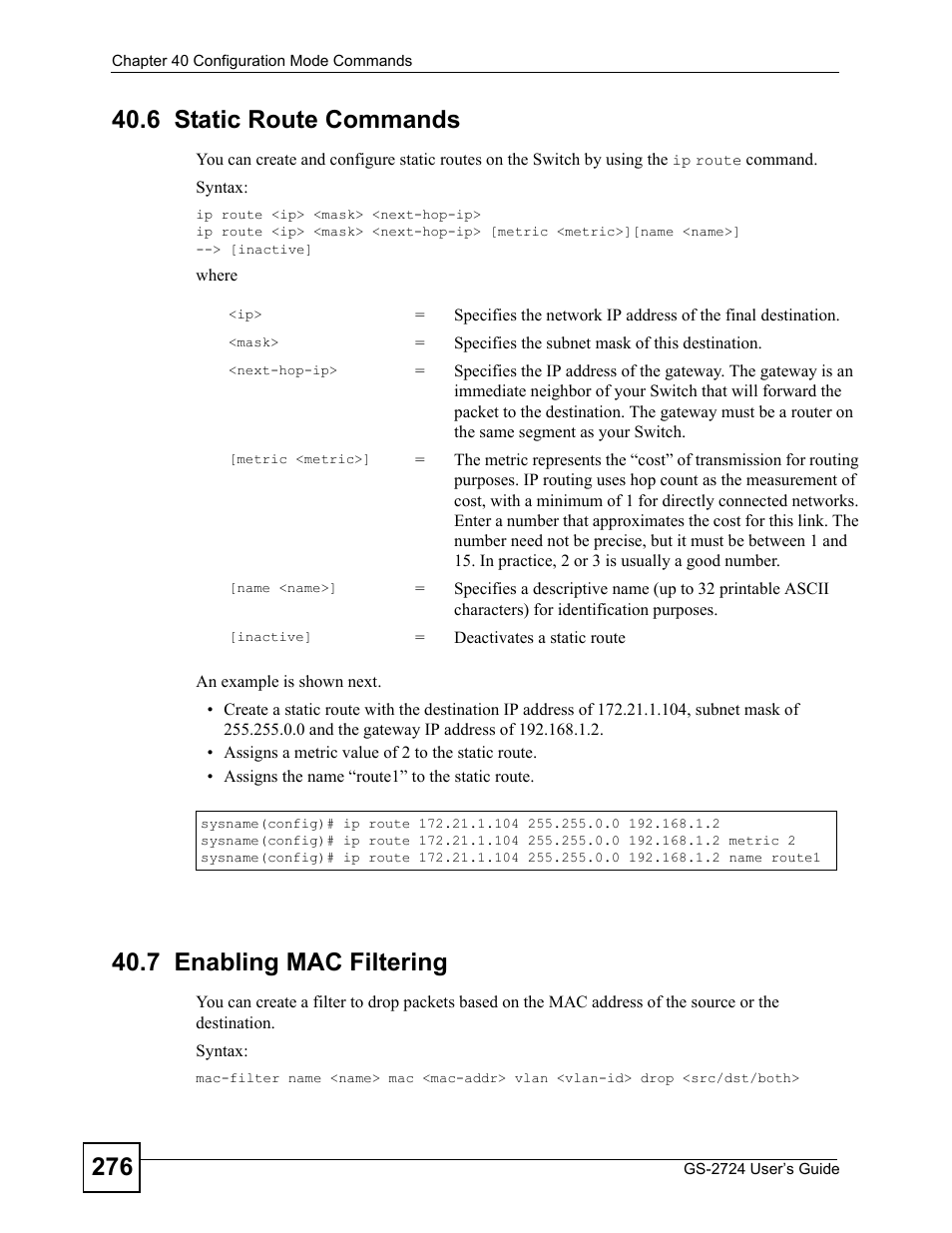 6 static route commands, 7 enabling mac filtering | ZyXEL Communications GS-2724 User Manual | Page 276 / 348