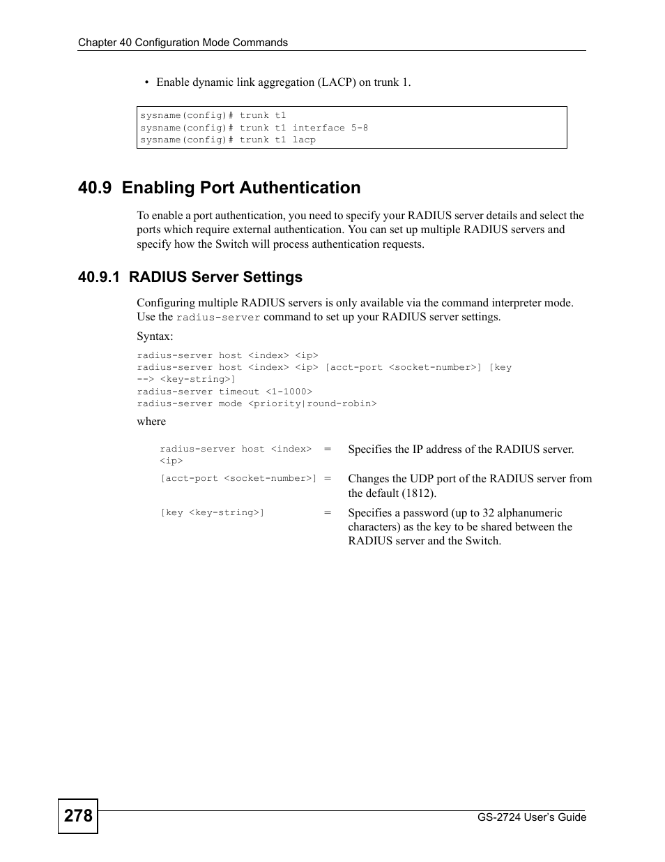 9 enabling port authentication, 1 radius server settings | ZyXEL Communications GS-2724 User Manual | Page 278 / 348