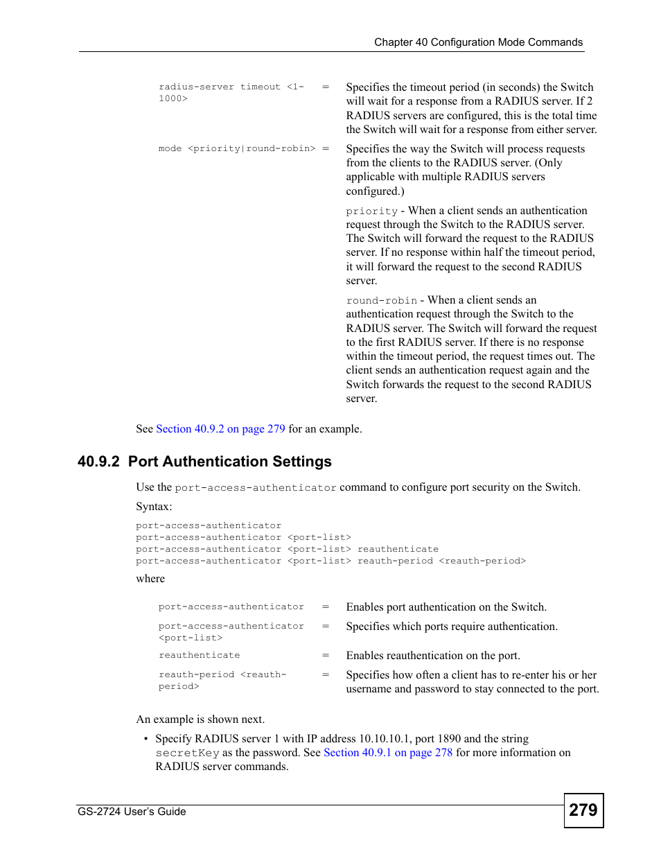 2 port authentication settings | ZyXEL Communications GS-2724 User Manual | Page 279 / 348