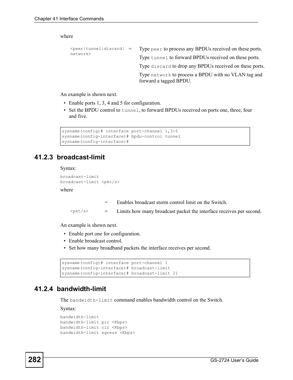 3 broadcast-limit, 4 bandwidth-limit, 3 broadcast-limit 41.2.4 bandwidth-limit | ZyXEL Communications GS-2724 User Manual | Page 282 / 348