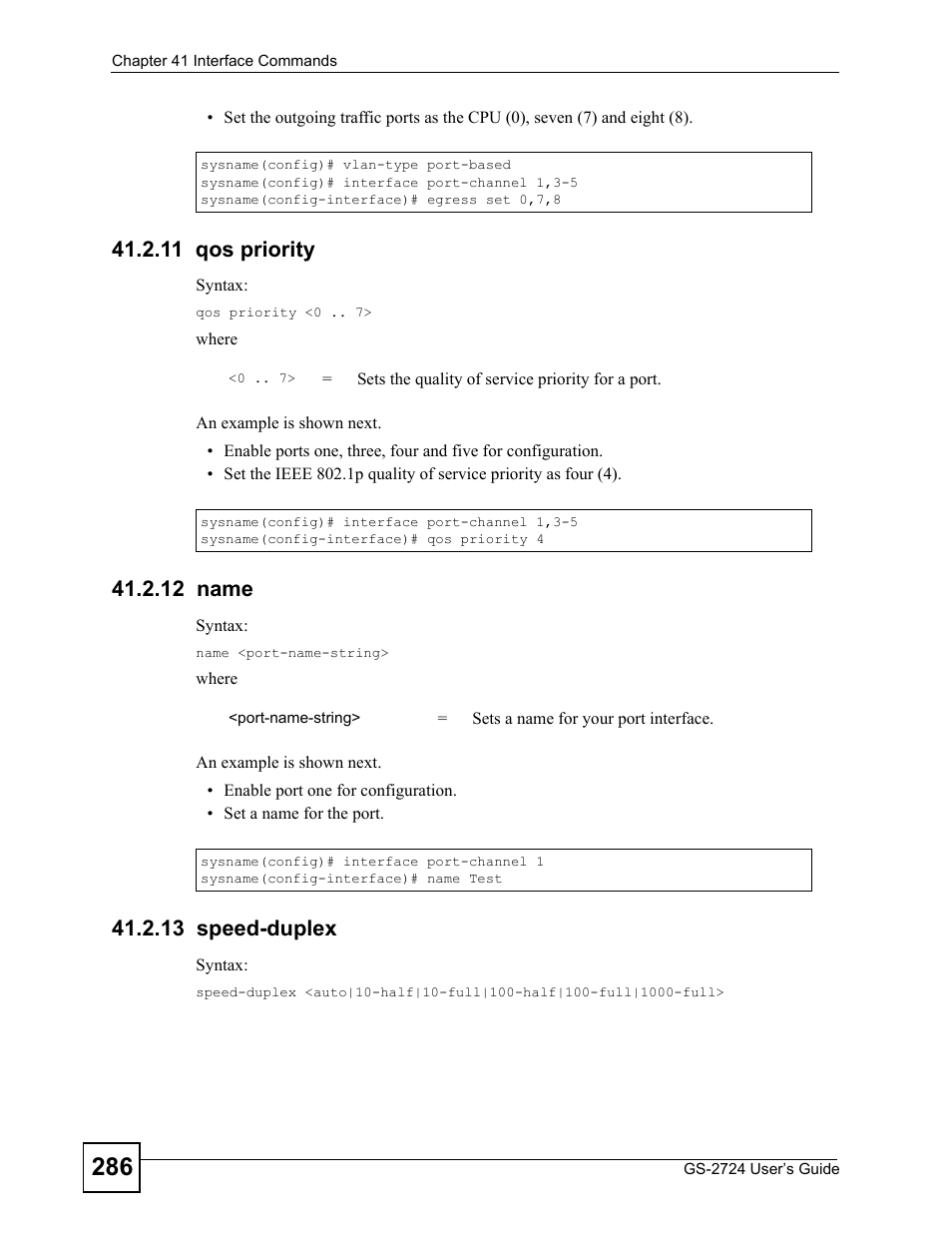 11 qos priority, 12 name, 13 speed-duplex | 11 qos priority 41.2.12 name 41.2.13 speed-duplex | ZyXEL Communications GS-2724 User Manual | Page 286 / 348